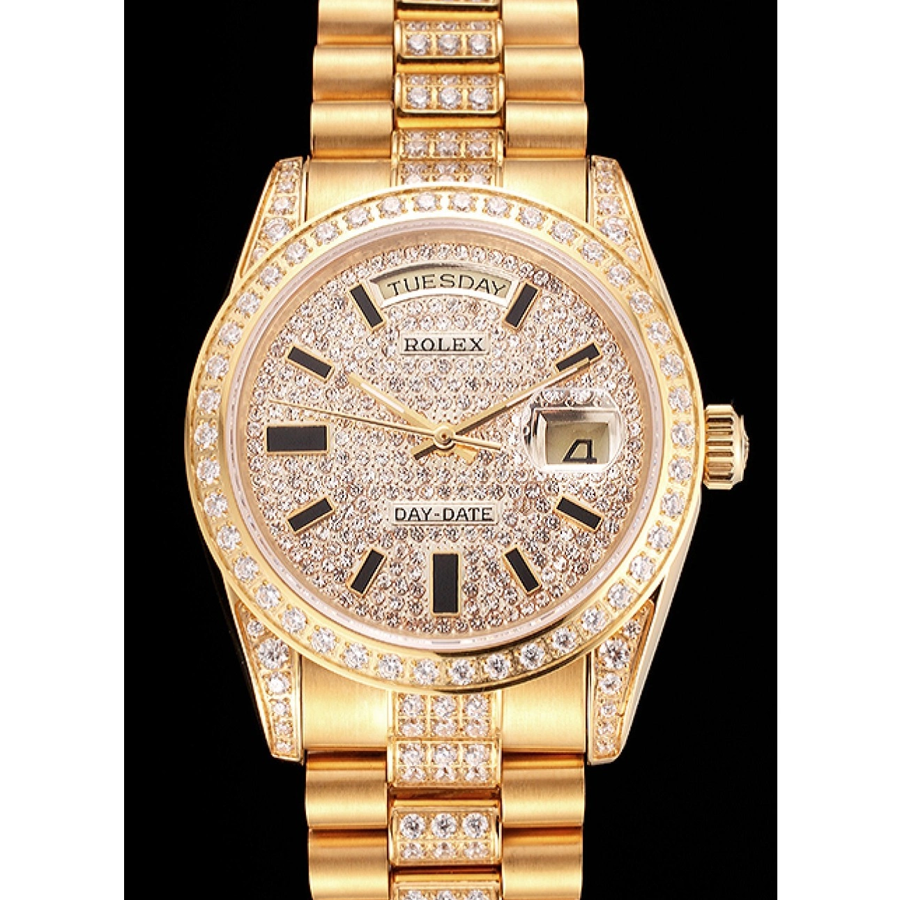 AAA replica watch Pave Gold Yellow Rolex Diamond Swiss Day Date 0625